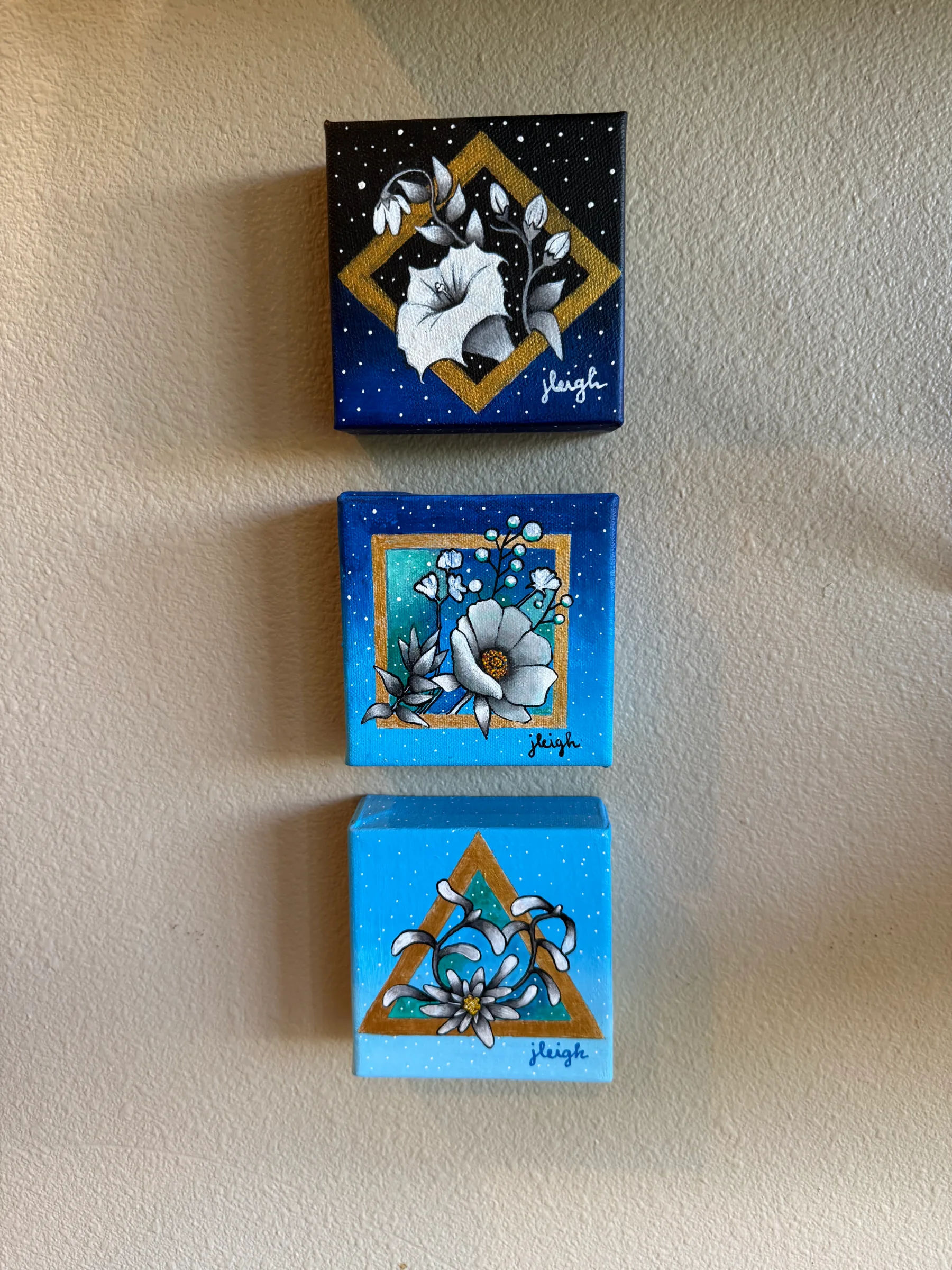 3: 4 by 4
Acrylic on canvas
$65 each or $160 for the set